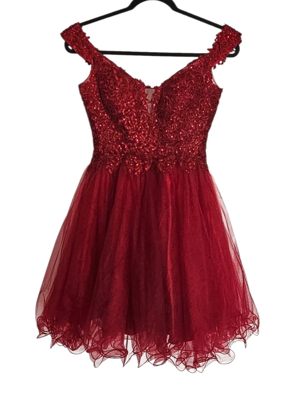 May Queen 1663 Burgundy Bead Off Shoulder Tulle Short Party Dress Sz 4 EUC